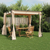 Cream steel gazebo with curtains, measuring 9.8'x9.8', for outdoor shelter and privacy.