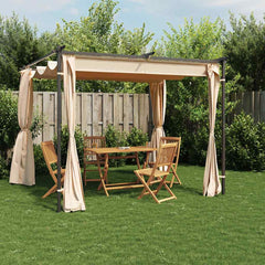 Cream steel gazebo with curtains, measuring 9.8'x9.8', for outdoor shelter and privacy.