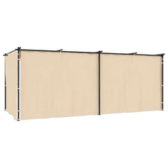 Cream-colored steel gazebo with curtains, measuring 19.7'x9.8', for outdoor use.