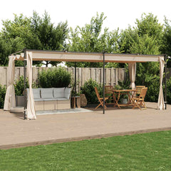 Cream-colored steel gazebo with curtains, measuring 19.7'x9.8', for outdoor use.