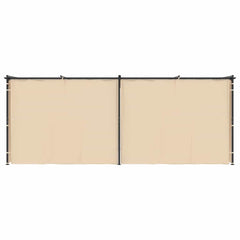 Cream-colored steel gazebo with curtains, measuring 19.7'x9.8', for outdoor use.