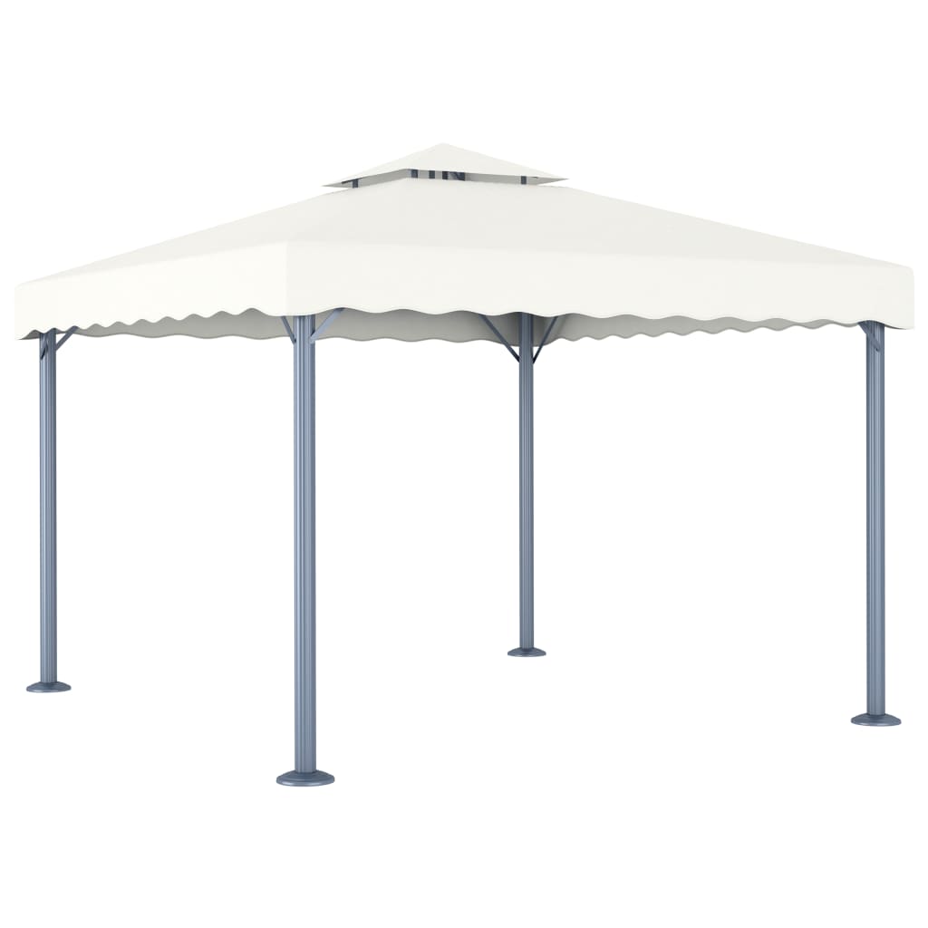 Cream aluminum gazebo with a fabric roof, providing shade for outdoor gatherings.