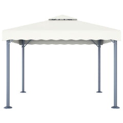Cream aluminum gazebo with a fabric roof, providing shade for outdoor gatherings.