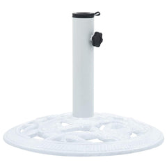 White cast iron umbrella base with ornate scrollwork base, 15.7-inch diameter.