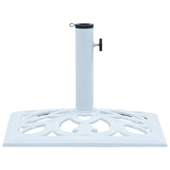 White cast iron umbrella base with scrollwork design, 19.3-inch square footprint.