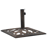 Bronze cast iron umbrella base with scrollwork, 19.3 inch square and 26.5 lbs weight.