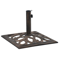 Bronze cast iron umbrella base with square scrollwork design, 19.3 inches wide.