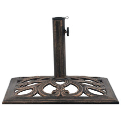 Bronze cast iron umbrella base with scrollwork, 19.3-inch square footprint.