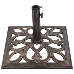 Bronze cast iron umbrella base with floral scrollwork, 19.3 inch square and 26.5 lbs weight.