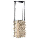 Black steel firewood rack holding stacked logs, measuring 23.6x9.8x78.7 inches.