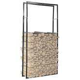 Black steel firewood rack holding a stack of light-colored logs, measuring 39.4x9.8x78.7 inches.