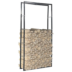 Black steel firewood rack holding a stack of light-colored logs, measuring 39.4x9.8x78.7 inches.