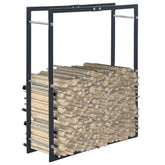 Black steel firewood rack holding stacked logs, measuring 31.5x9.8x39.4 inches.