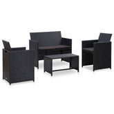 Patio Lounge Set Set of 4 Black PE Rattan, Powder-Coated Steel
