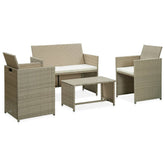 Sofa Set Beige Rattan, Cream White Cushions