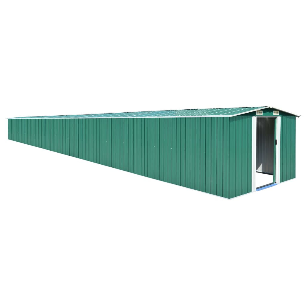 Green galvanized steel garden shed with double sliding doors and ventilation vents.