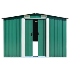 Green galvanized steel garden shed with double sliding doors and vents.