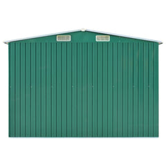 Green galvanized steel garden shed with double sliding doors and four vents, measuring 101.2x389.8x71.3 inches.
