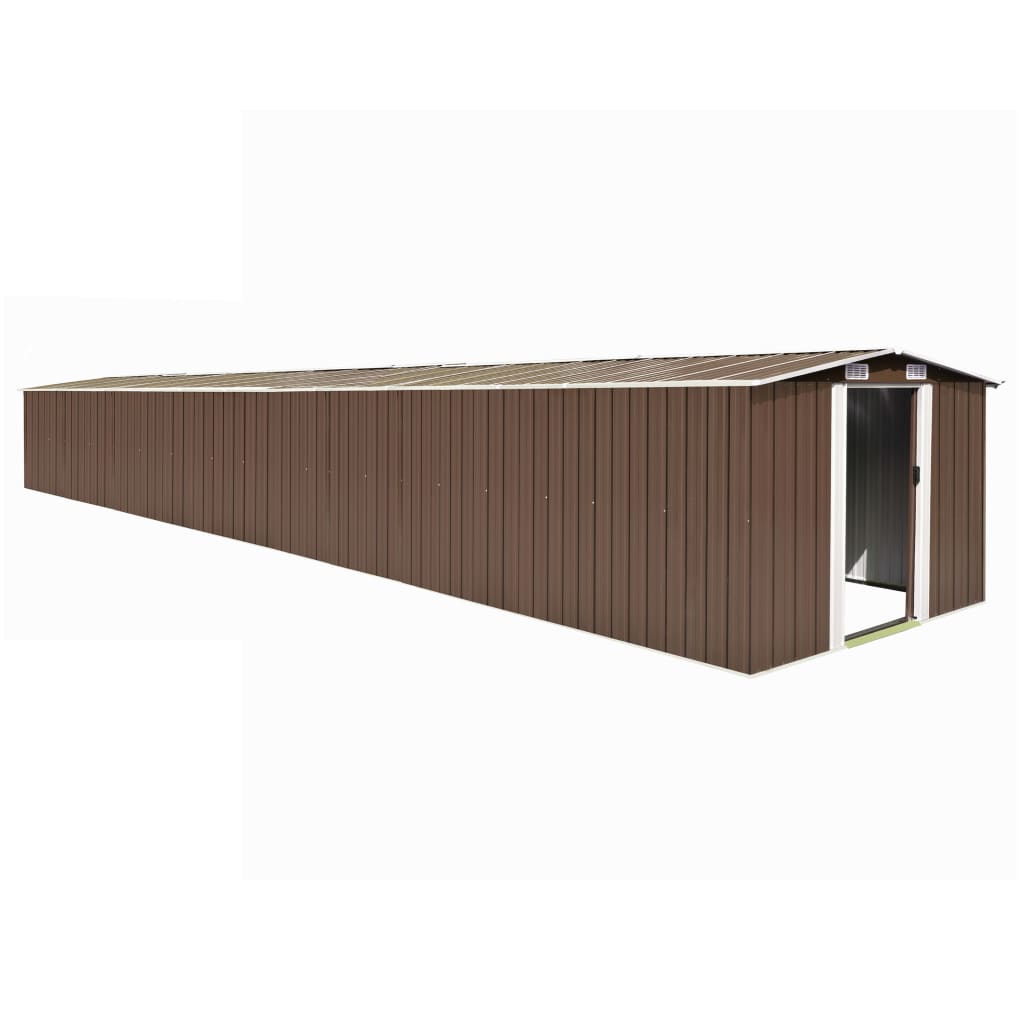 Large brown galvanized steel garden shed with double sliding doors and ventilation vents