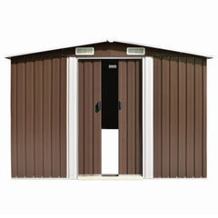 Brown galvanized steel garden shed with gabled roof, vents, and double sliding doors.