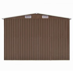 Brown galvanized steel garden shed with double sliding doors and four vents, measuring 101.2x389.8x71.3 inches.