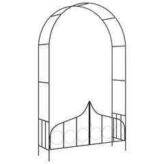 Black iron garden arch with double gate, weather-resistant and sturdy design.