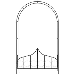 Black iron garden arch with double gate, weather-resistant and durable design.