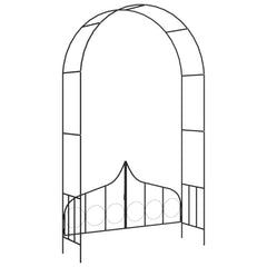 Black iron garden arch with double gate, weather-resistant and sturdy design.