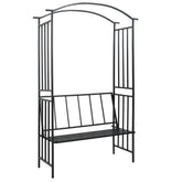 Black iron garden arch with integrated bench, measuring 50.4x19.7x81.5 inches.