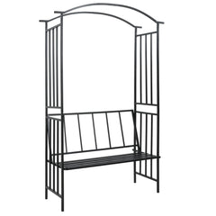 Black iron garden arch with integrated bench, measuring 50.4x19.7x81.5 inches.