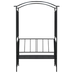 Black iron garden arch with integrated bench and vertical side supports in a powder-coated finish