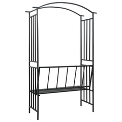 Black iron garden arch with integrated bench, measuring 50.4x19.7x81.5 inches.