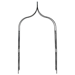 Dark green powder-coated iron garden arch with pointed top and sturdy frame.