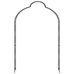 Black iron garden arch with weather-resistant coating, supporting climbing plants.