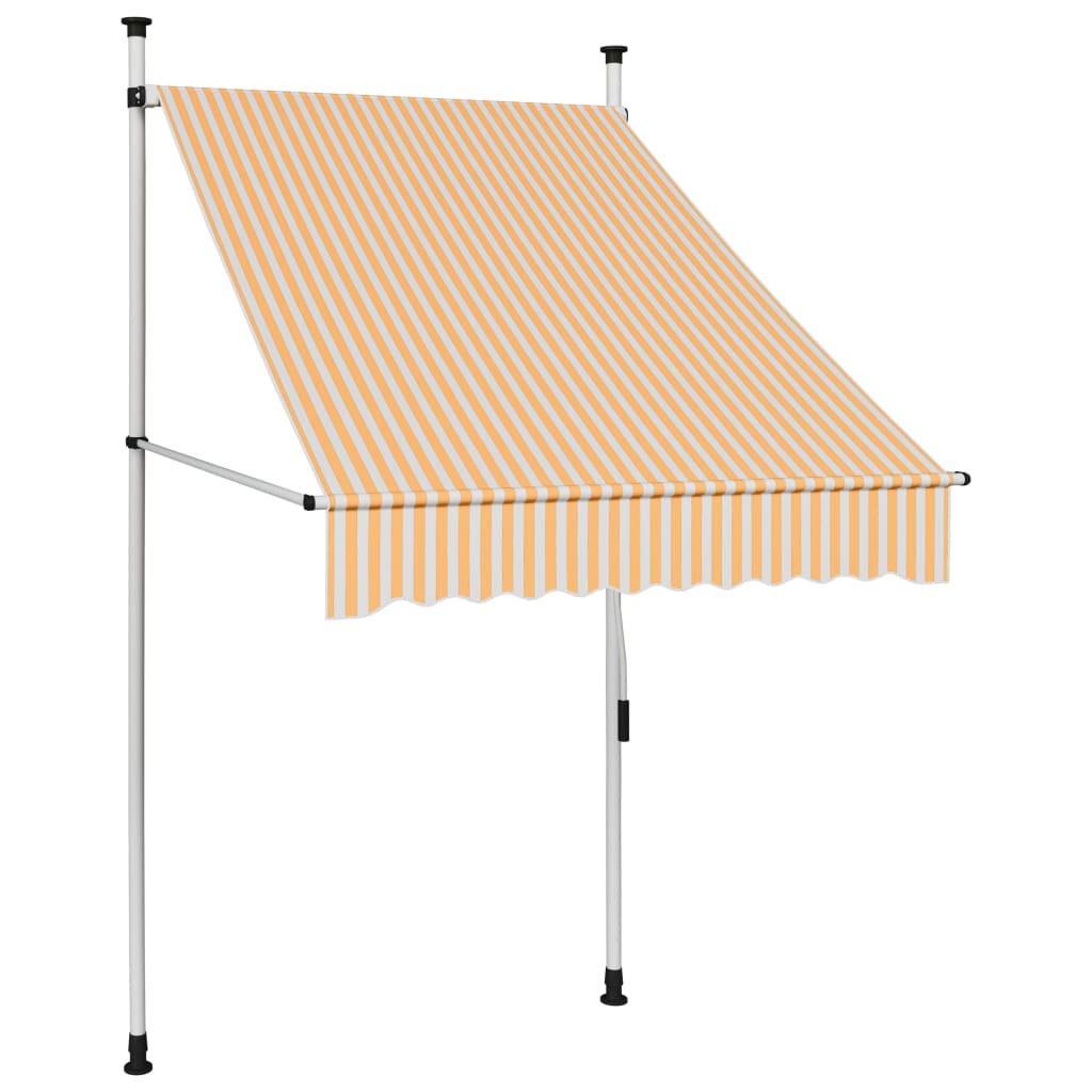 Bostome manual retractable awning with orange and white stripes, 39.4 inches wide.