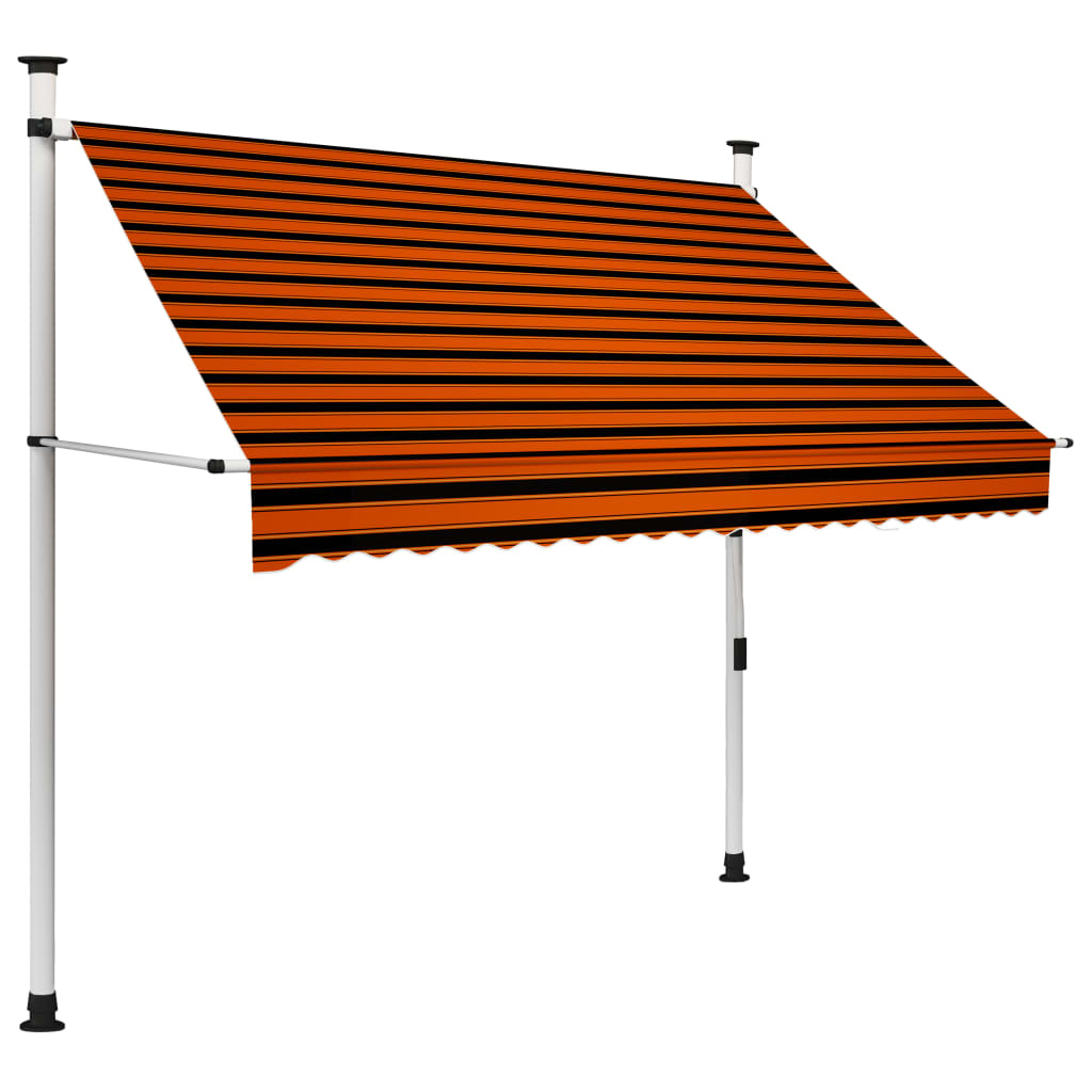 Orange brown manual retractable awning with striped canopy on white poles, extended 78.7 inches.