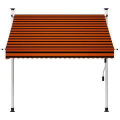 Manual retractable awning with orange and brown striped canopy and white metal frame.
