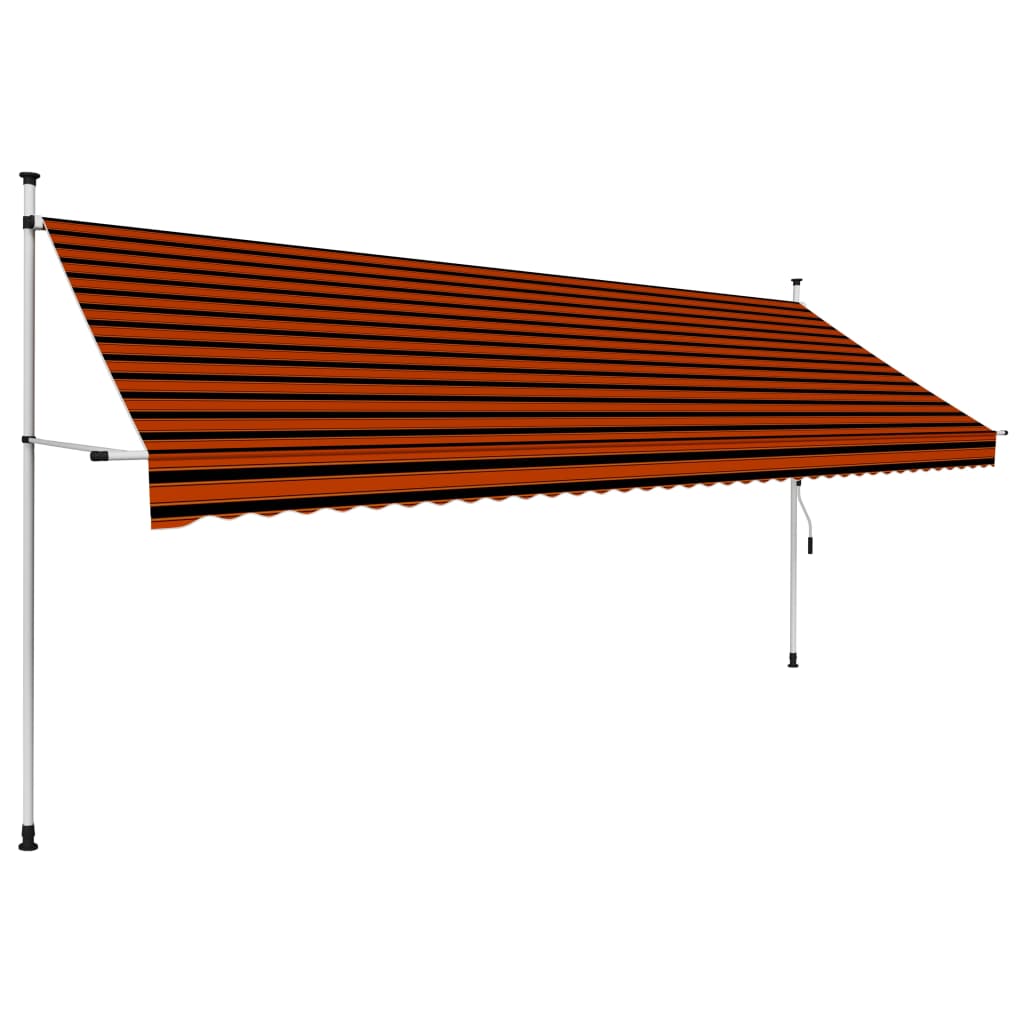 Orange brown manual retractable awning, 157.5 inches wide, with striped polyester canopy and steel frame.