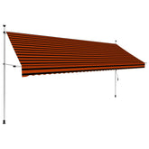 Orange brown manual retractable awning, 157.5 inches wide, with striped polyester canopy and steel frame.