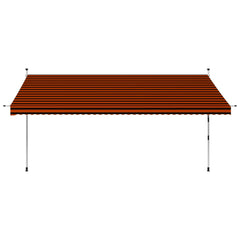 Orange brown manual retractable awning, 157.5 inches wide, extended with striped canopy and steel supports.