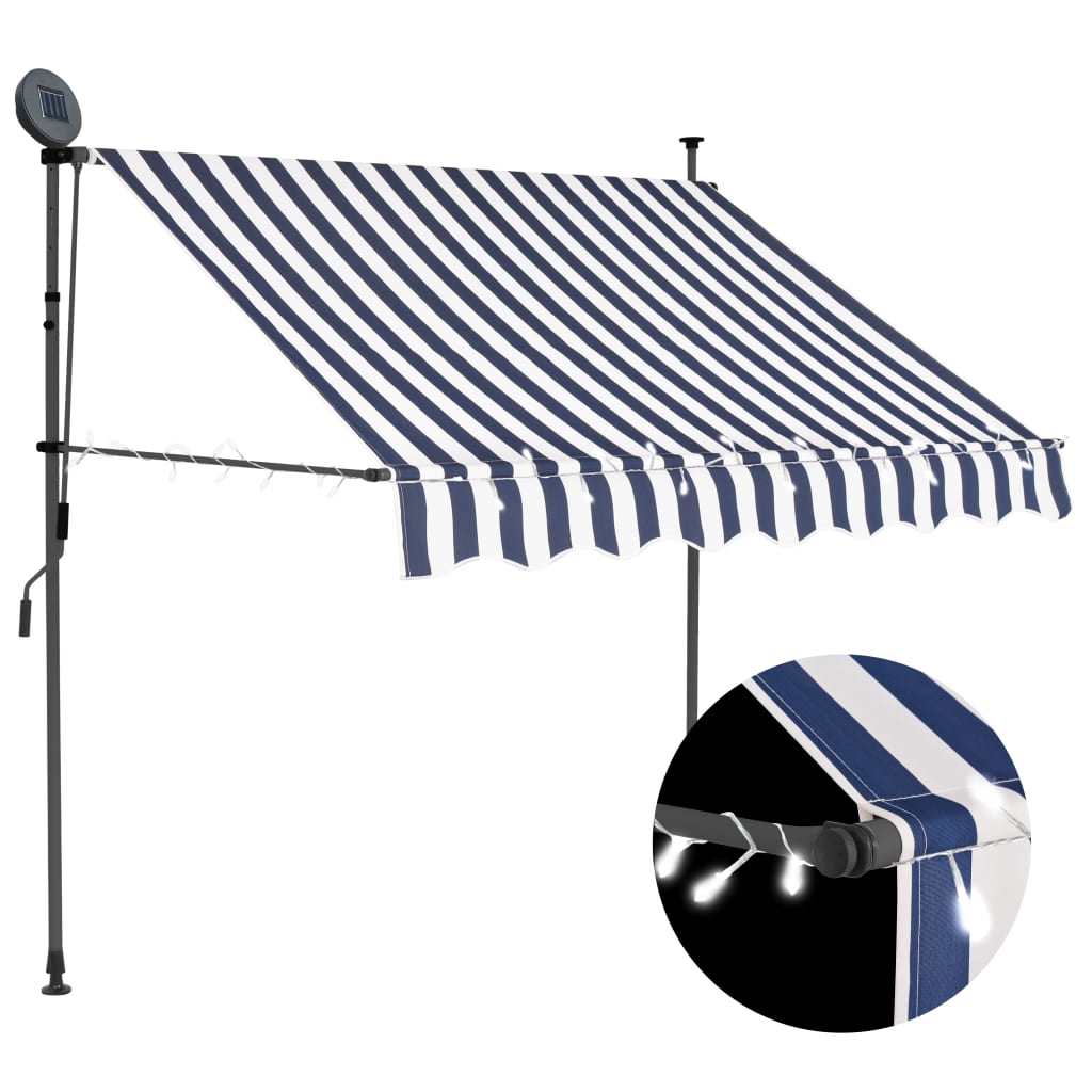 Blue and white striped manual retractable awning with solar LED lights and adjustable steel frame.