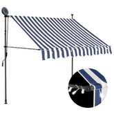 Blue and white striped manual retractable awning with solar LED lights and adjustable steel frame.