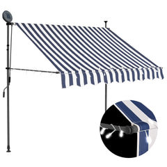Blue and white striped manual retractable awning with solar LED lights and adjustable steel frame.