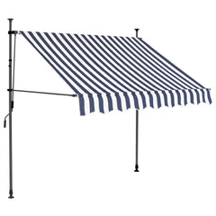 Blue and white striped manual retractable awning, 59.1 inches wide, with LED lights.