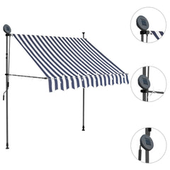 Blue and white striped retractable awning with solar LED lights, 59.1 inches wide.