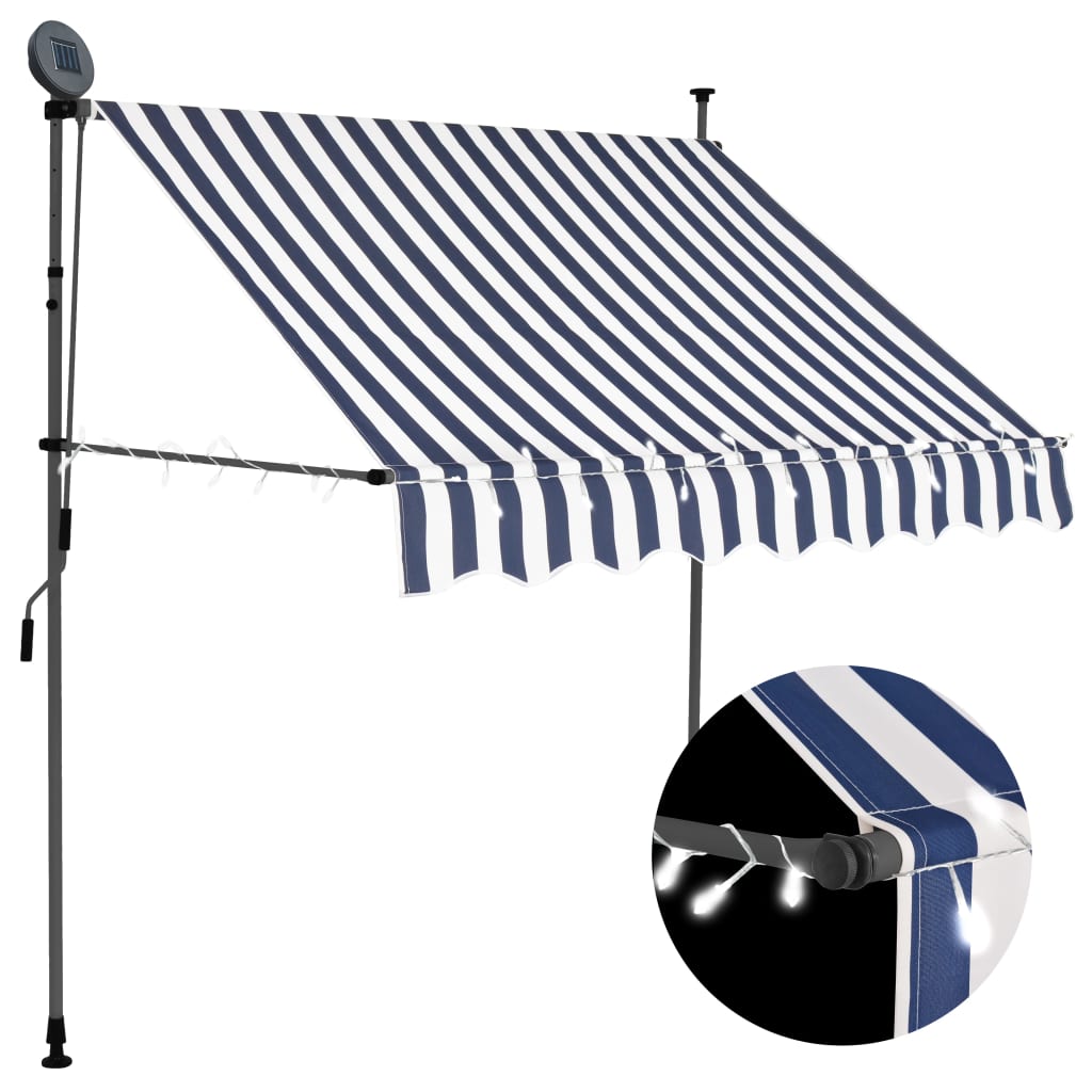 Blue and white manual retractable awning with solar LED lights and adjustable steel frame.