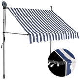 Blue and white manual retractable awning with solar LED lights and adjustable steel frame.
