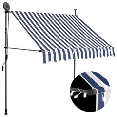 Blue and white manual retractable awning with solar LED lights and adjustable steel frame.