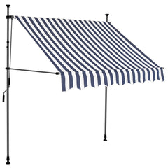 Blue and white manual retractable awning with solar LED lights and adjustable steel frame.