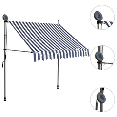 Blue and white manual retractable awning with integrated solar LED lights and adjustable height.